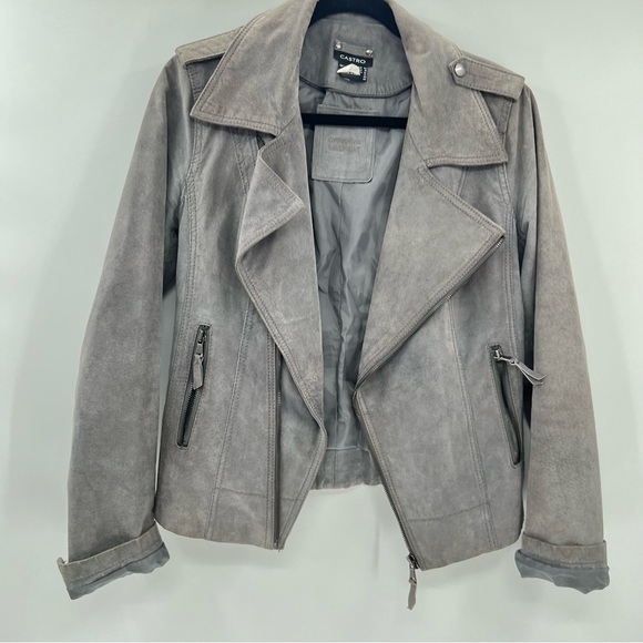 CASTRO Leather jacket genuine leather moto jacket green grey color - Picture 14 of 16